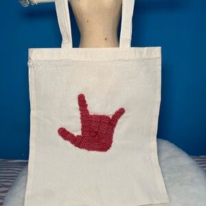 White Tote Bag with Red Hand crochet Design